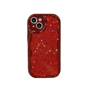 Deep red glitter iPhone case with colorful star sequins and 3D wave-shaped frame