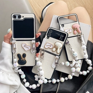 Folding Phone Case With Artificial Pearl Bead Strap Woven Tweed Rabbit Heart Love For Samsung Galaxy Z Flip And Huawei Pocket 2