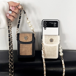 Quilted tweed folding case with pearl chain and camellia logo for Samsung Z Flip 5