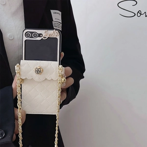 Quilted camellia chain phone wallet with gold flower buckle and Smile charm for Z Flip