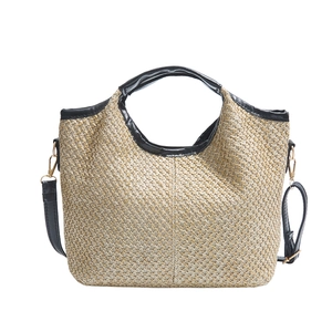 Straw woven bucket bag with black leather trim and detachable shoulder strap for women