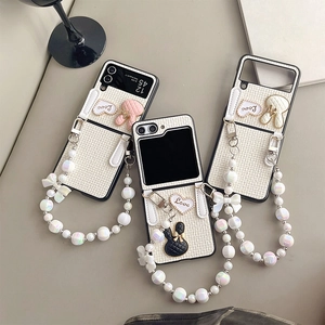 Quilted fabric phone cases for Samsung Z Flip with colorful bead chains and rabbit ears