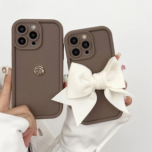 Coque De Téléphone TPU Silicone Fleur Métallique Nœud En Tissu Anti-Chute Marron Café Décoratif Pour Femmes Filles