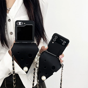 Crossbody black cheese triangle leather case with pearls for Galaxy Z Flip fold phone