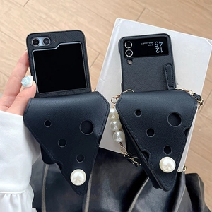 Cheese hollow phone case for Galaxy Z Flip with pearl button and chic crossbody chain