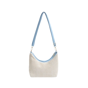 Handwoven hobo shoulder bag in cream and light blue leather with a half-moon shape
