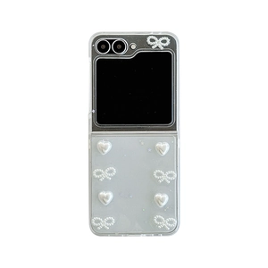 Coque transparente pailletée pour Galaxy Z Flip avec nœuds et cœurs en perles