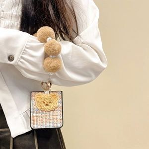Blue tweed folding phone case with plush bear head and decorative pearl wrist strap
