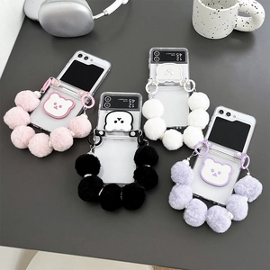 Folding Phone Case Transparent PC Hard Cover With Cute Bear Mirror And Plush Pom Pom Artificial Pearl Wrist Strap For Women Girls