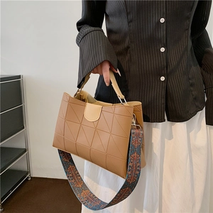 Khaki geometric quilted PU leather handbag with retro ethnic wide shoulder strap