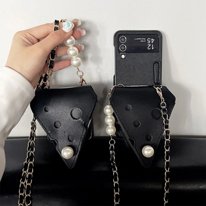 Cheese style Samsung Z Flip case with pearl strap and crossbody chain in black finish