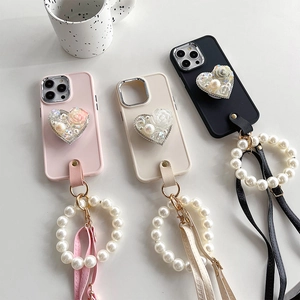 Luxury Heart Stand Phone Case Rhinestone Artificial Pearl Wrist Chain Faux Leather Crossbody Lanyard Protective Cover For IPhone