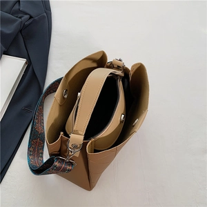 Brown PU leather tote bag set with embroidered wide shoulder strap and inner pouch