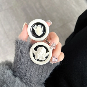 Supporto per telefono rotondo con rilievo di angelo e tulipano vintage in bianco e nero