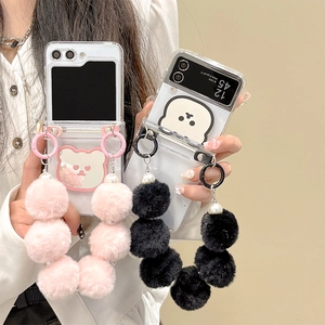 Clear folding phone case for Z Flip with plush pompom chain and bear mirror accessory