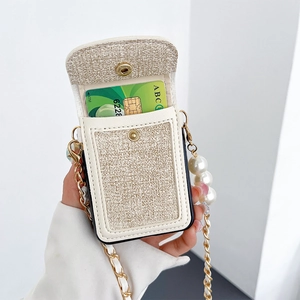Detail of tweed coin purse case with pearl chain and card slot for Samsung Galaxy Z Flip5
