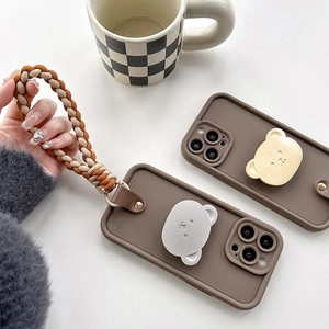 Brown matte phone case with 3D bear stand and braided strap for iPhone 15 Pro Max
