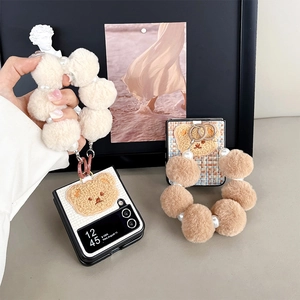 Detail of grid texture phone case with plush bear and pearl handle for Samsung Z Flip