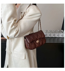 Detail of dark brown quilted crossbody bag with gold twist lock and chain strap