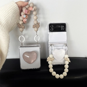 Clear case for Samsung Z Flip 6 with 3D heart stand and pearl bead hand strap