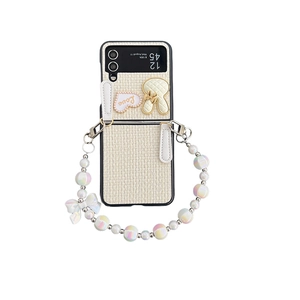 White woven leather case for Samsung Z Flip series with bunny heart and pearl strap