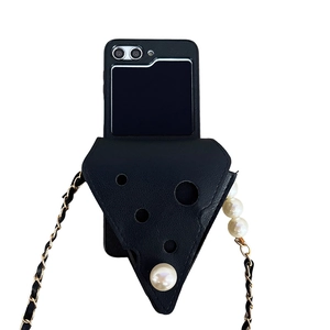 Black cheese style triangle folding phone case with pearl decor and crossbody strap
