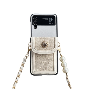 Beige tweed and leather folding phone case for Samsung Z Flip 5 with pearl chain strap