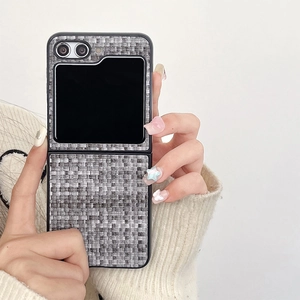 Close-up of grey woven texture protective case for Samsung Galaxy Z Flip phone