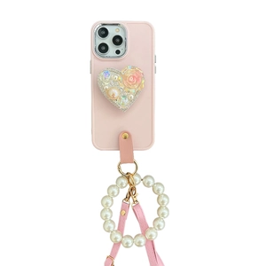 Pink iPhone case with pearl heart stand and luxury crossbody pearl strap accessory
