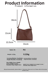 Detailed size chart and specifications for the vintage brown PU leather tote handbag