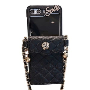 Black quilted cell phone case with chain strap and gold rose buckle for Huawei P50 pocket