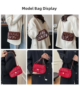 Quilted chain shoulder bag in brown and red showing model styling on various outfits