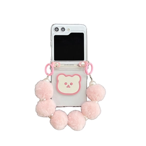 Clear folding phone case with pink plush bear and pearl strap for Z Flip 6