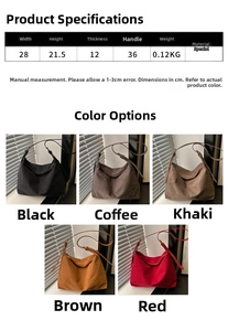 Size chart and dimensions for the vintage large tote bag in five different colors