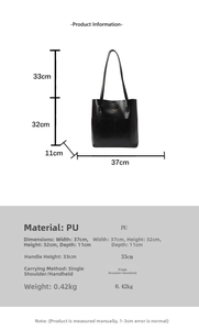 Detailed size specifications for large black PU leather tote bag with dimensions