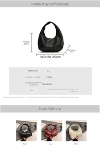 Detailed view of half-moon PU leather handbag with color options and size dimensions