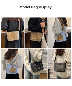 Detail view of stylish crossbody bucket bags with wide adjustable shoulder straps
