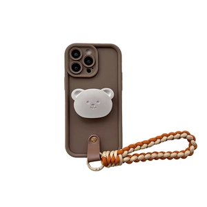 Brown iPhone case with cute 3D bear stand and colorful woven crossbody hand strap