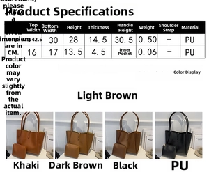 Size guide for tote bag set showing dimensions and specifications for all colors
