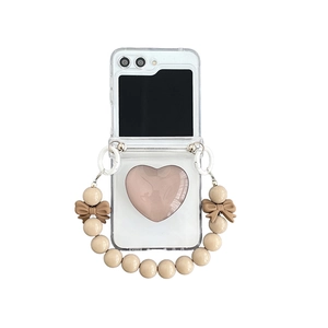 Clear heart phone case for Samsung Z Flip 6 with brown bow beaded chain strap