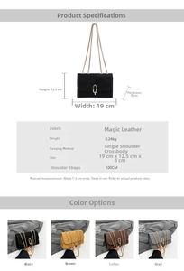 Detailed size specifications and material chart for suede crossbody bag with metal chain