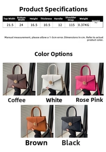 Detailed size chart and multi-color specifications for the PU leather crossbody handbag