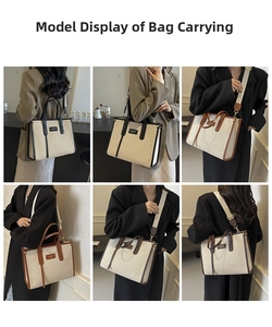 Vues détaillées d'un grand sac fourre-tout en toile avec bordure en cuir et bandoulière