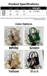 Size guide for PU bucket bag showing dimensions for large and small versions with silk scarf
