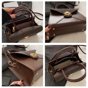 Detailed views of dark brown leather handbag with golden rose clasp and multi-compartments