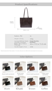 Detailed size specifications and color options for the vintage PU leather tote bag