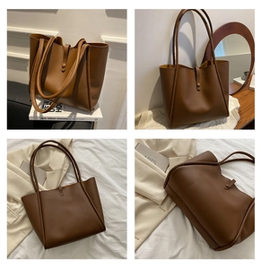 Detailed views of a brown faux leather tote bag with a secure snap belt closure design