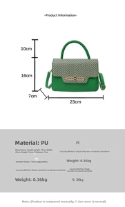 Detailed size specifications for the green PU leather handbag with gold buckle and fabric flap