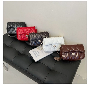 Detailed row of quilted chain crossbody bags in black, red, brown, white and beige
