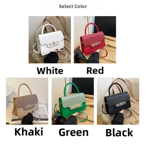 Collage of chic crossbody bags in white, red, khaki, green and black colors